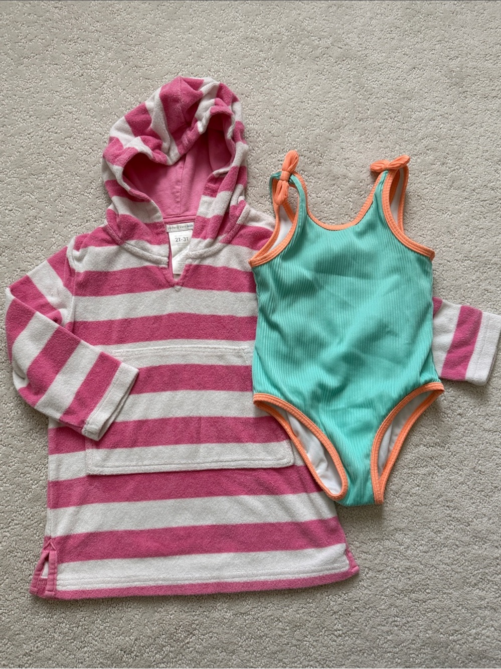 Pottery barn cover up and One-Piece Swimsuit in Aqua with Orange Trim, 3T